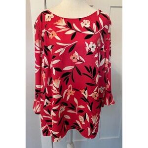 TALBOTS Womens Woven TOP 3/4 Flared Sleeve PINK White Black FLORAL Size 2XP
